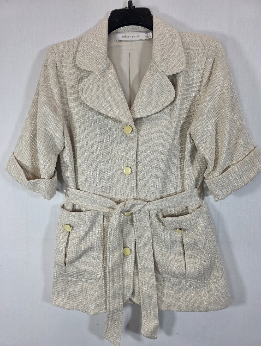 bishop + young Cream Textured Tweed Belted Jacket Blazer Short Sleeve S